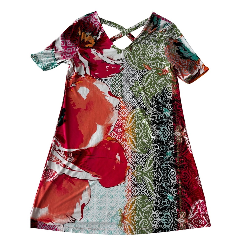 Chico's Floral Paisley V-Neck Strappy Back Shift Dress Stretch Sz 1 M comfy chic